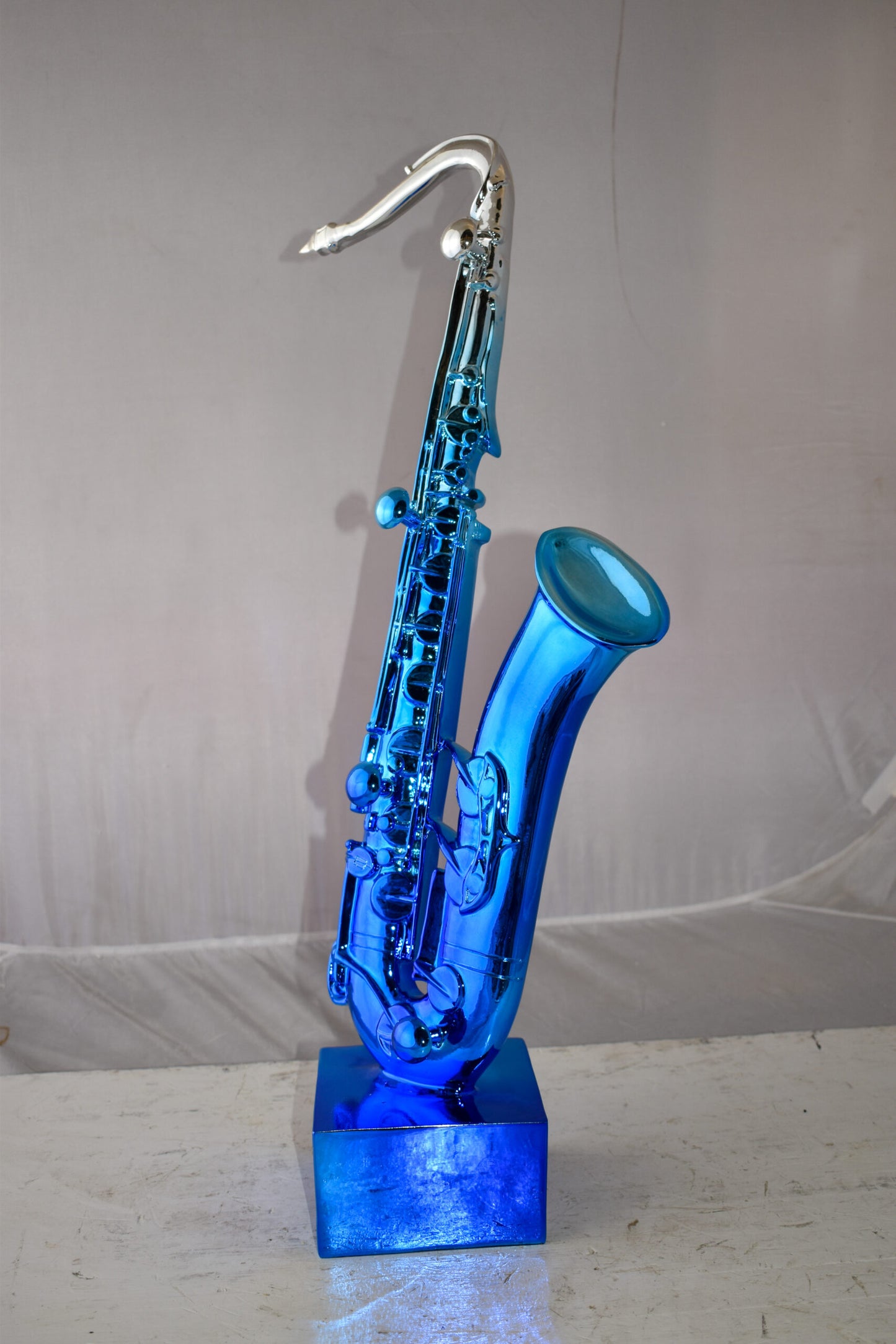 Modern Art Blue and Silver Saxophone Statue Made of Resin Size: 10" x 8" x 28"H