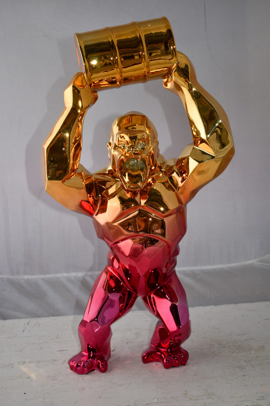 Textile Red and Gold King Kong with A Barrell Statue  Size: 14" x 7" x 24"H