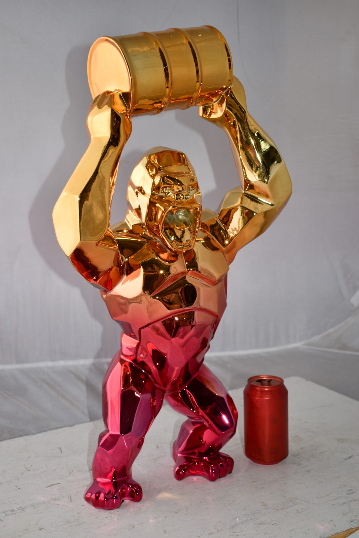 Textile Red and Gold King Kong with A Barrell Statue  Size: 14" x 7" x 24"H