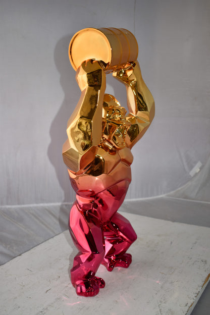 Textile Red and Gold King Kong with A Barrell Statue  Size: 14" x 7" x 24"H