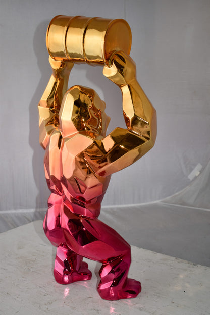 Textile Red and Gold King Kong with A Barrell Statue  Size: 14" x 7" x 24"H