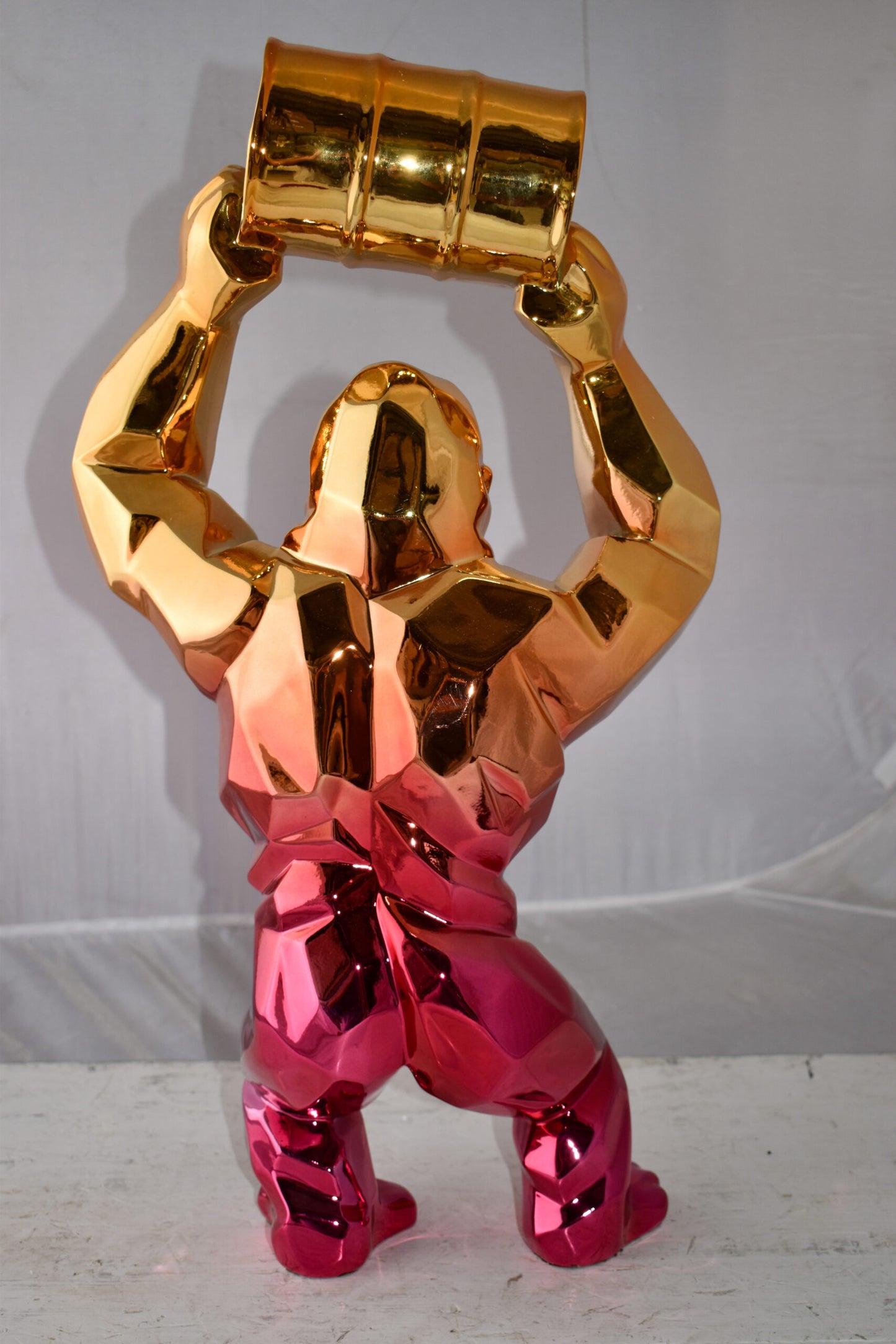 Textile Red and Gold King Kong with A Barrell Statue  Size: 14" x 7" x 24"H