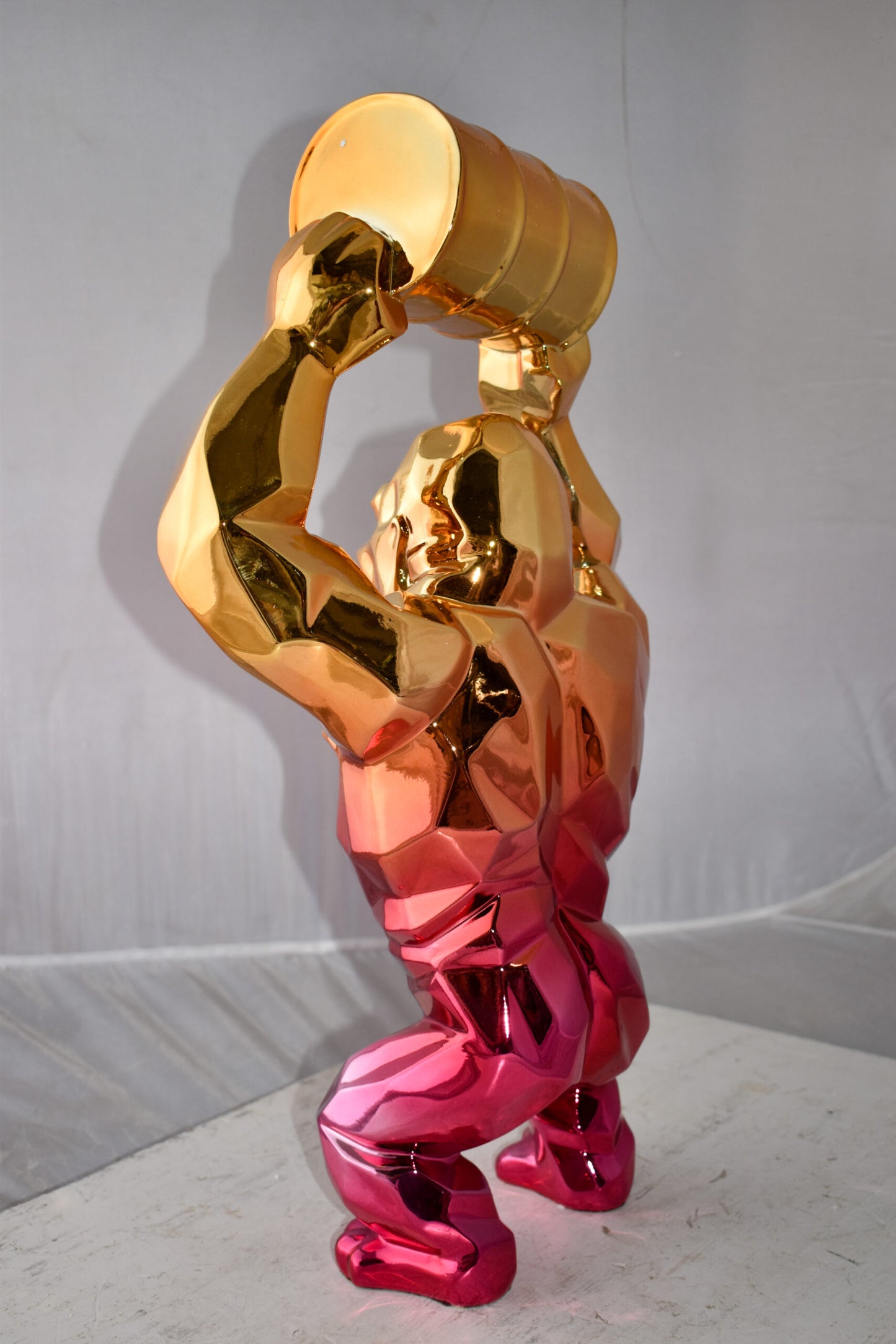 Textile Red and Gold King Kong with A Barrell Statue  Size: 14" x 7" x 24"H