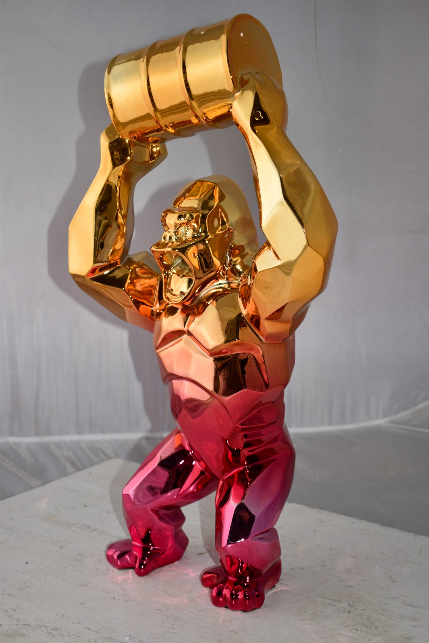 Textile Red and Gold King Kong with A Barrell Statue  Size: 14" x 7" x 24"H