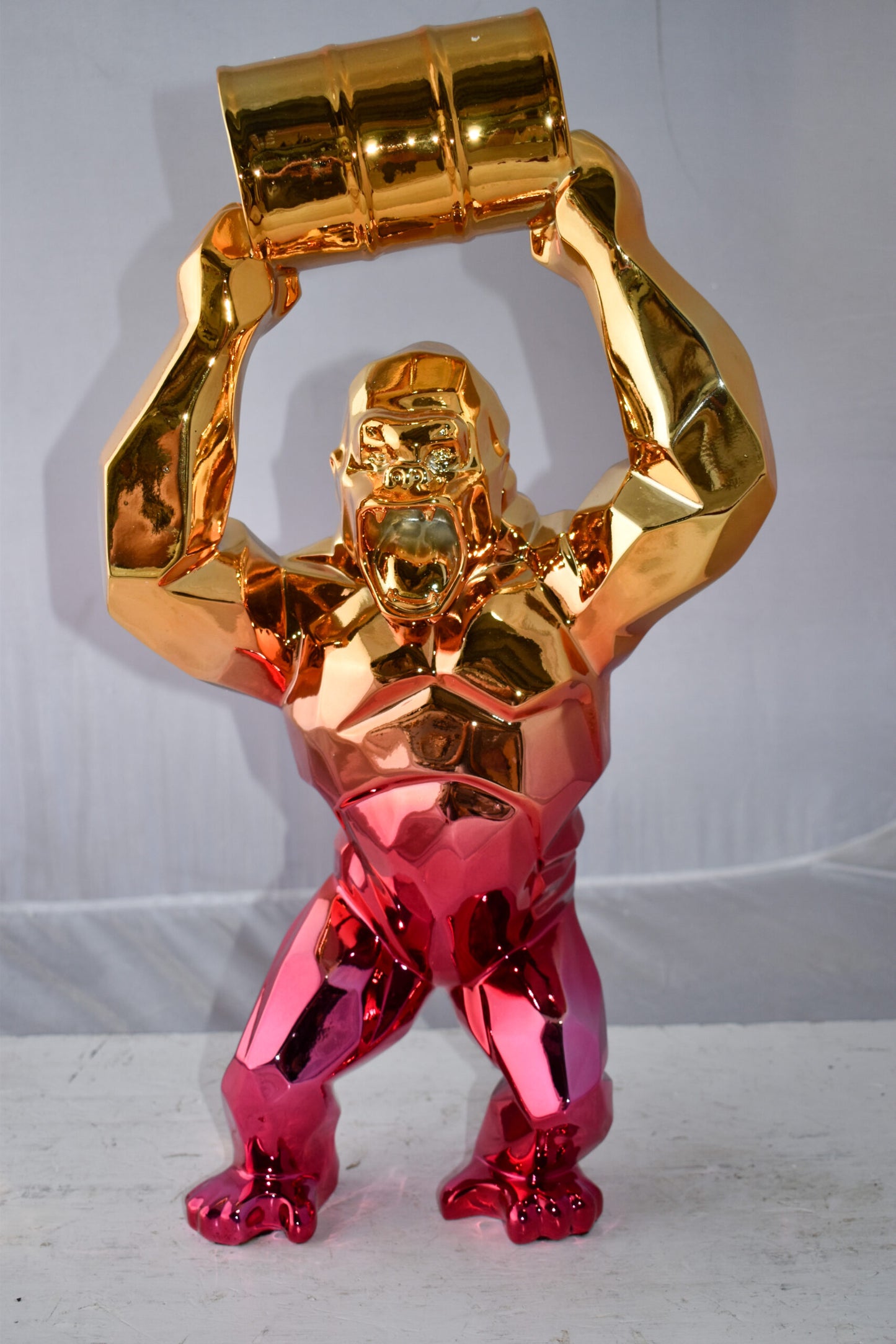Textile Red and Gold King Kong with A Barrell Statue  Size: 14" x 7" x 24"H