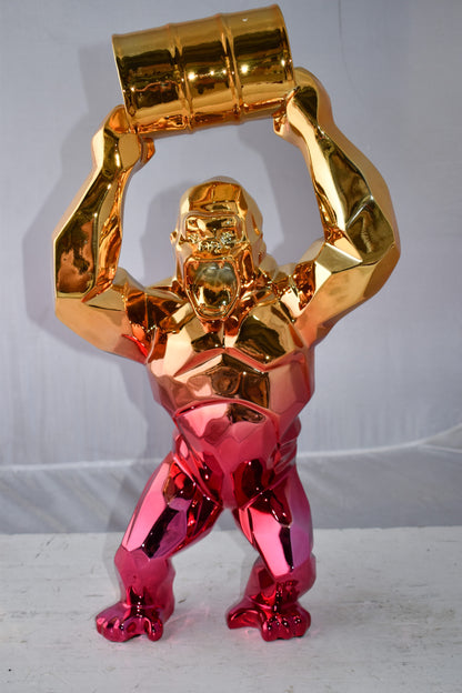 Textile Red and Gold King Kong with A Barrell Statue  Size: 14" x 7" x 24"H