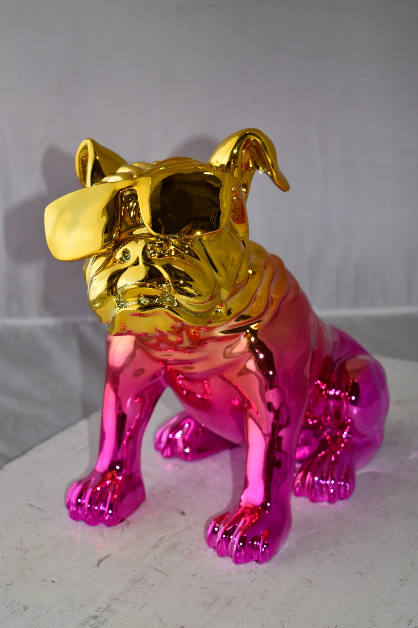 Bulldog With Sunglasses Colored Pink and Gold Resin Statue Size: 17" x 9" x 13"H