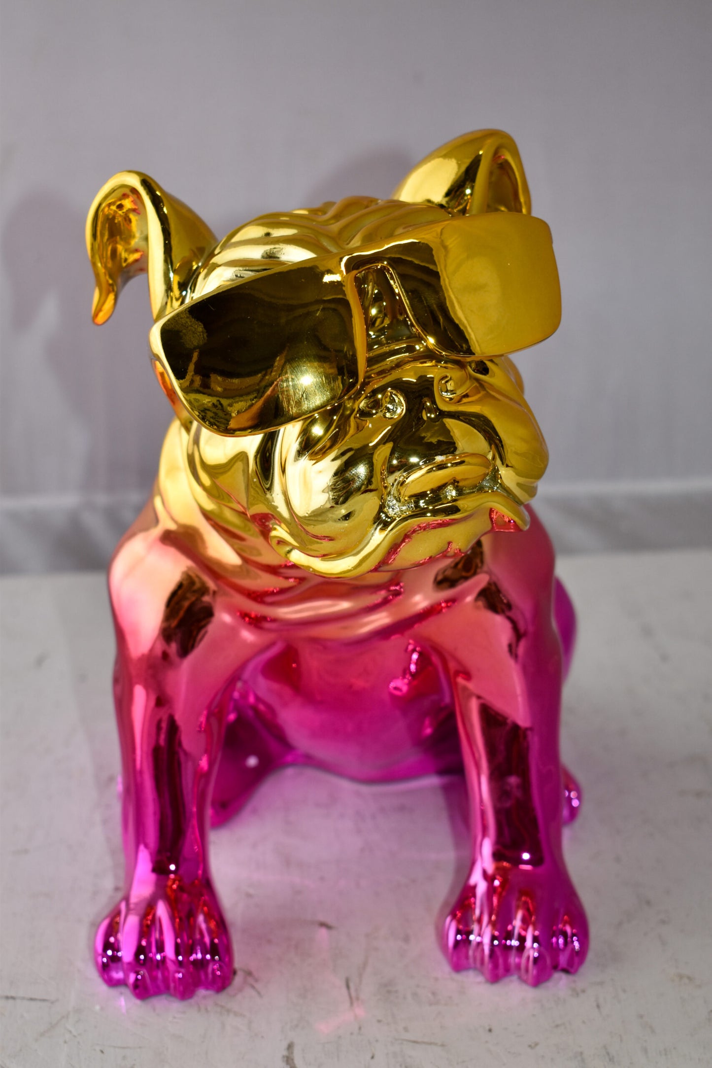 Bulldog With Sunglasses Colored Pink and Gold Resin Statue Size: 17" x 9" x 13"H
