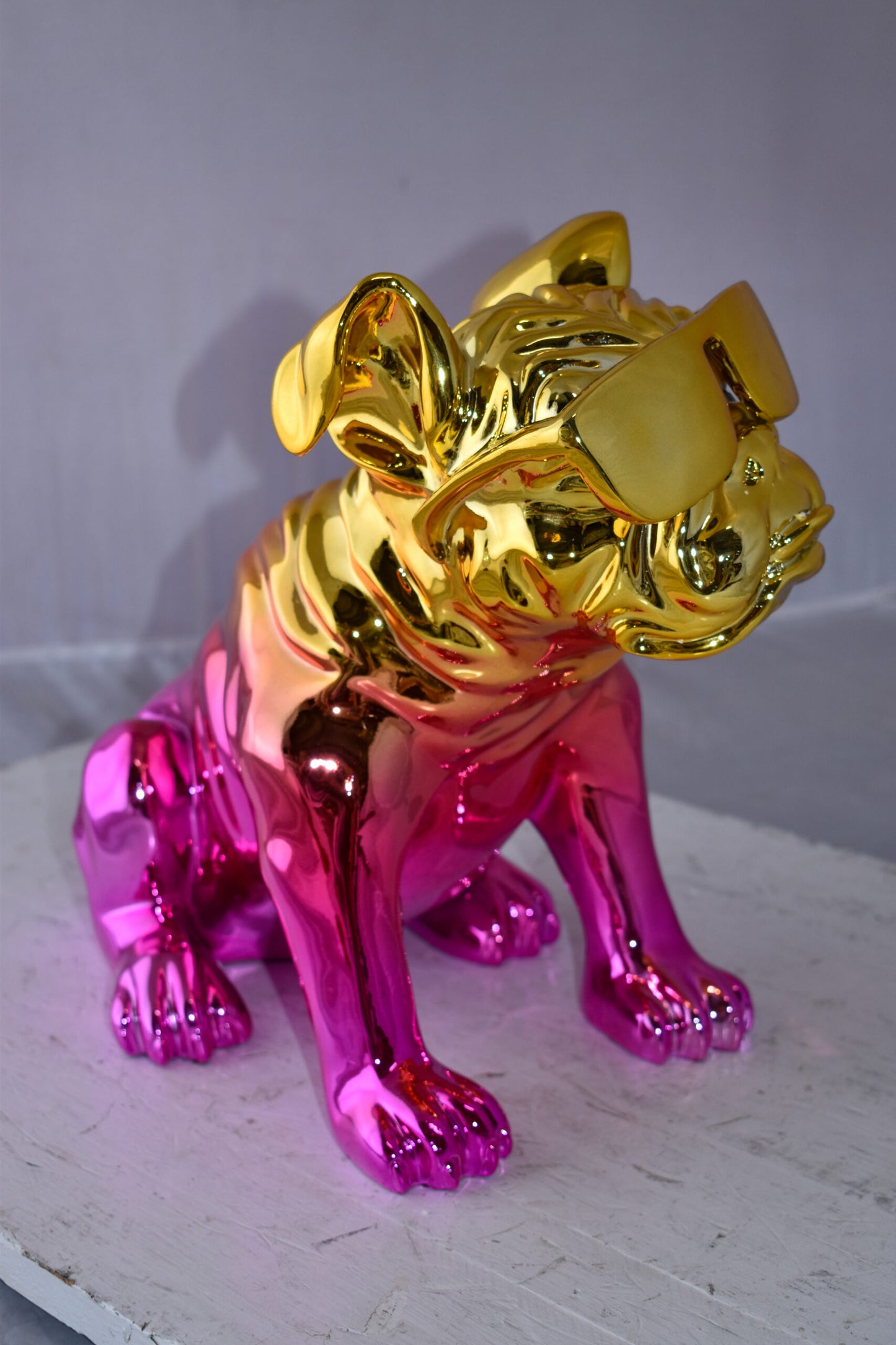 Bulldog With Sunglasses Colored Pink and Gold Resin Statue Size: 17" x 9" x 13"H