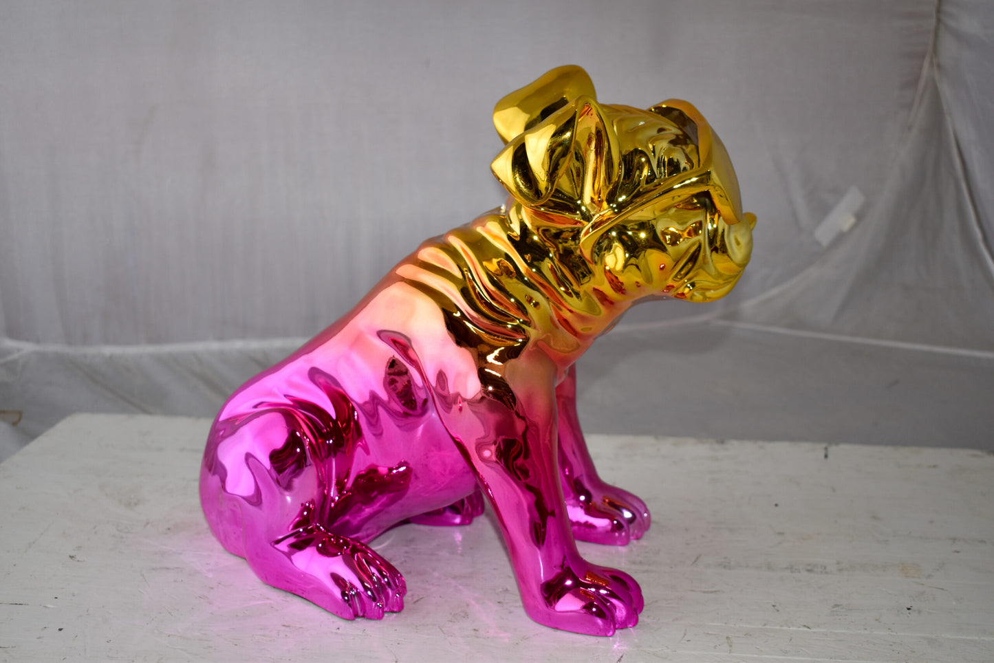 Bulldog With Sunglasses Colored Pink and Gold Resin Statue Size: 17" x 9" x 13"H