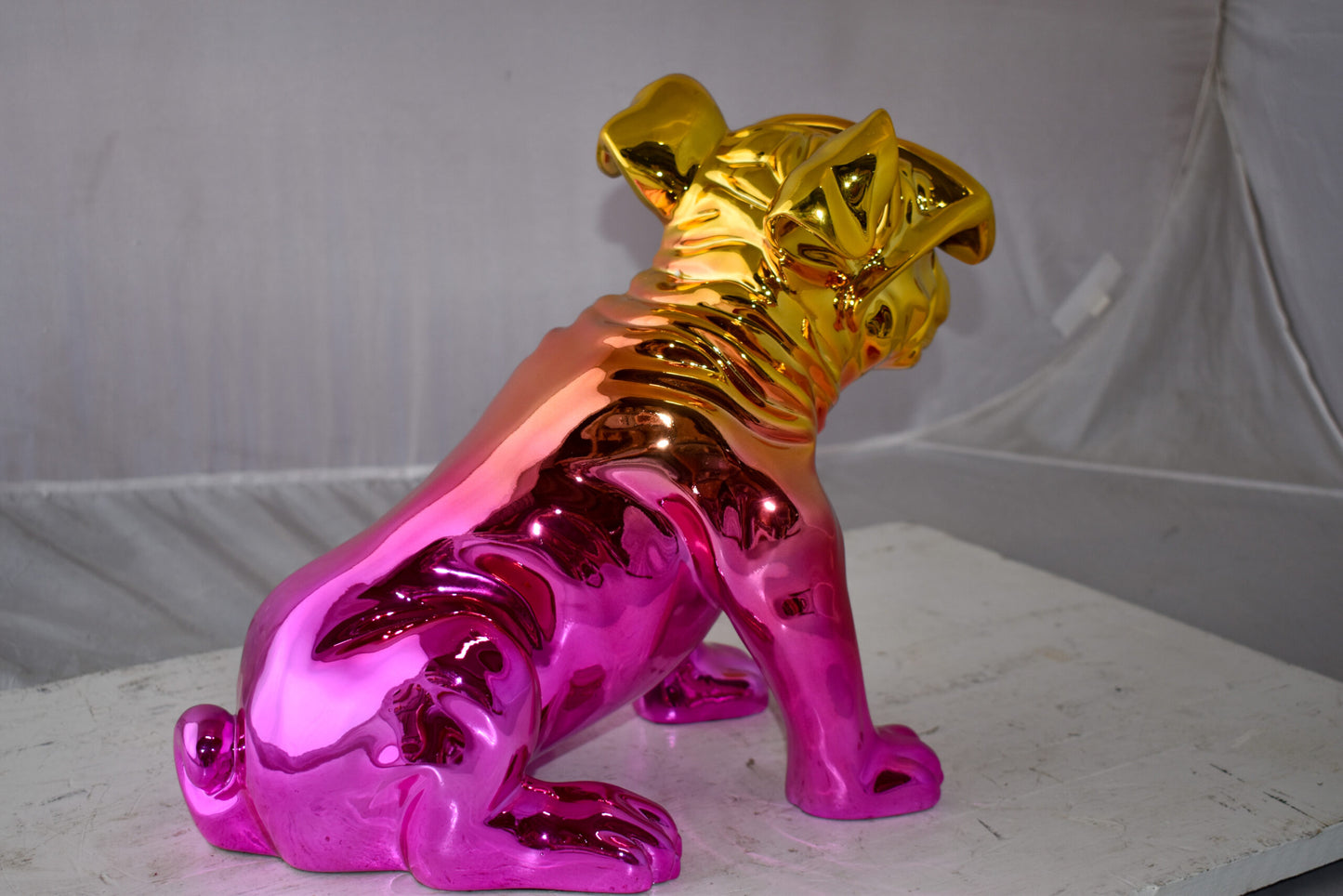 Bulldog With Sunglasses Colored Pink and Gold Resin Statue Size: 17" x 9" x 13"H