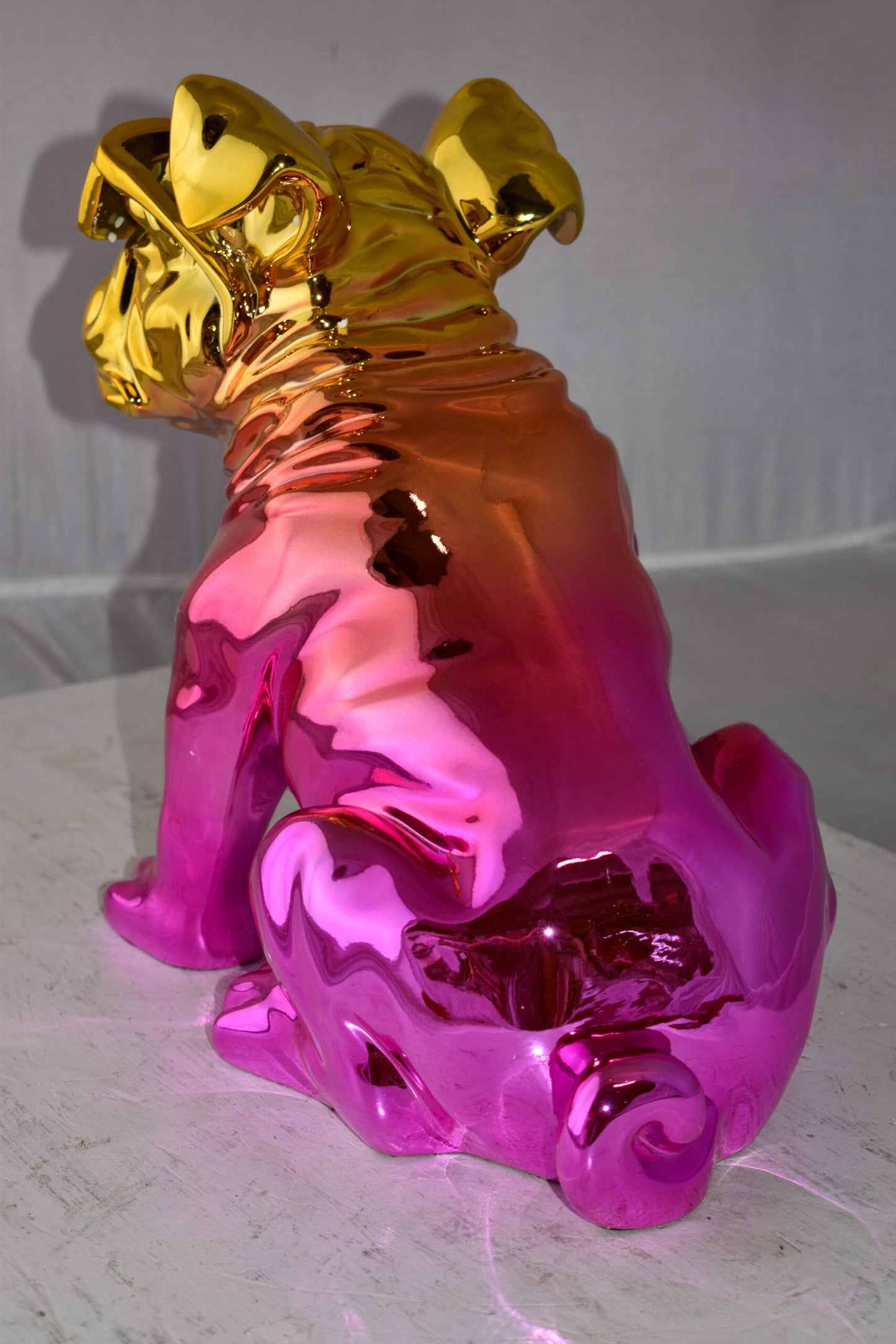 Bulldog With Sunglasses Colored Pink and Gold Resin Statue Size: 17" x 9" x 13"H