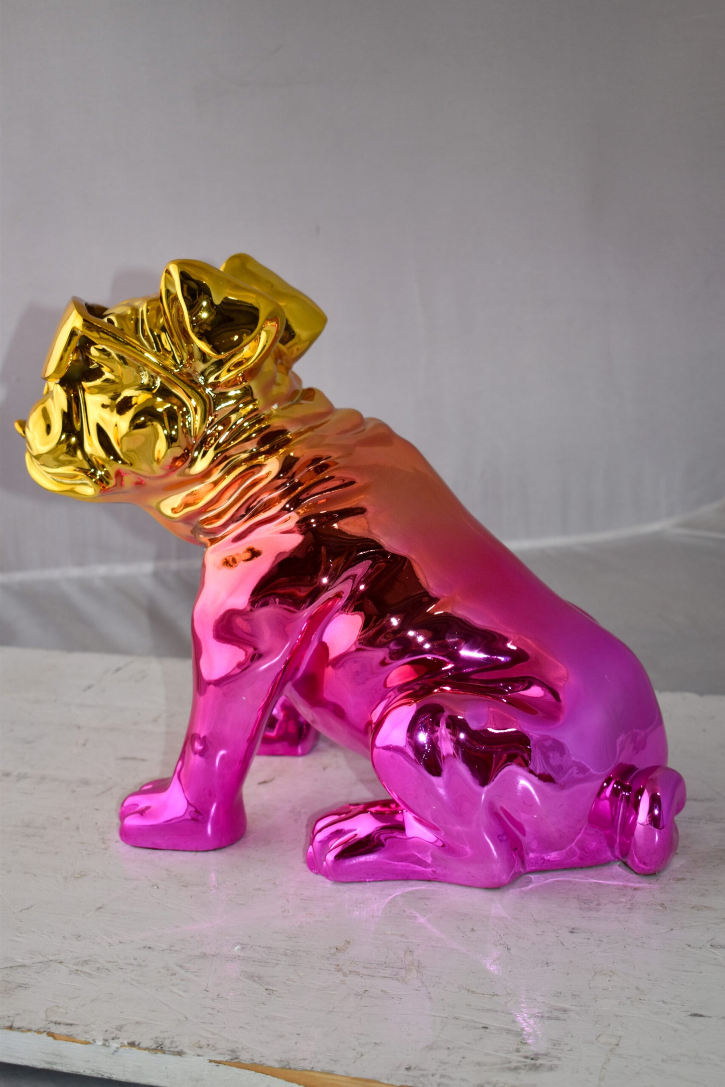 Bulldog With Sunglasses Colored Pink and Gold Resin Statue Size: 17" x 9" x 13"H