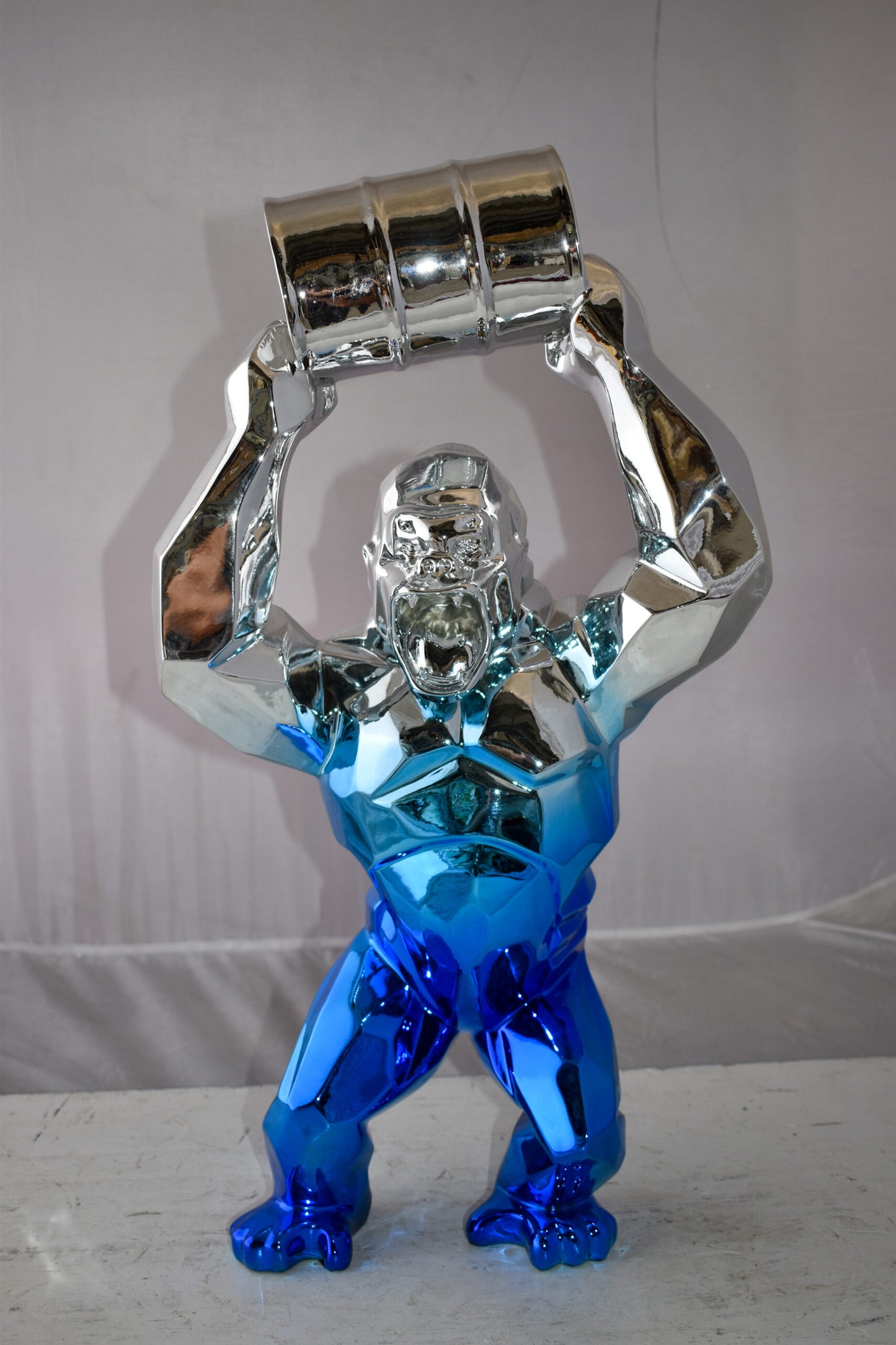 Textile Blue and Silver King Kong with A Barrell Statue  Size: 14" x 7" x 24"H