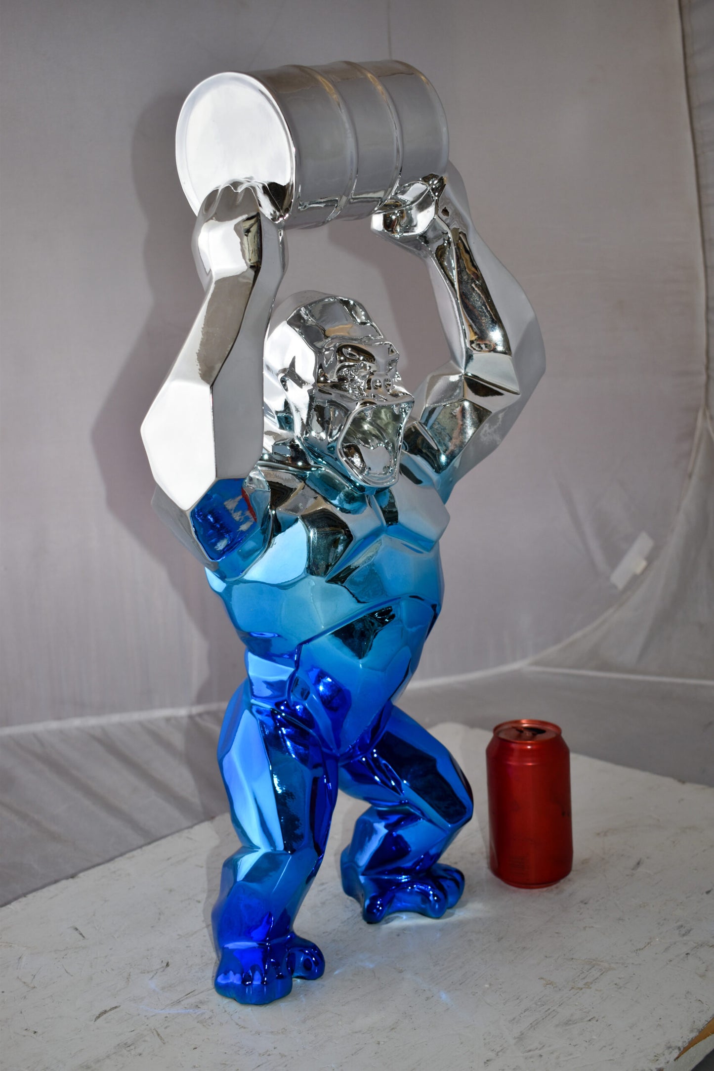 Textile Blue and Silver King Kong with A Barrell Statue  Size: 14" x 7" x 24"H
