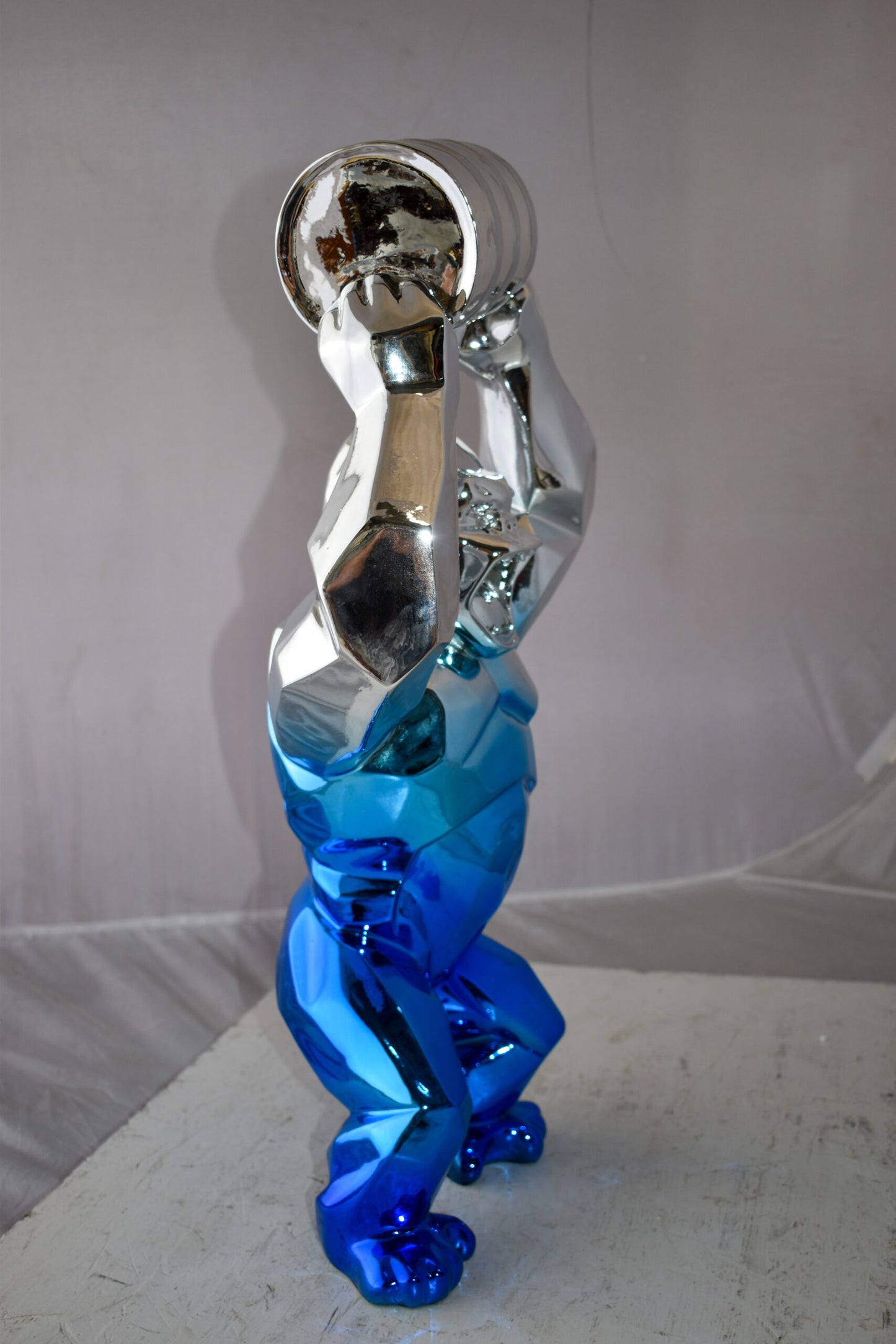 Textile Blue and Silver King Kong with A Barrell Statue  Size: 14" x 7" x 24"H