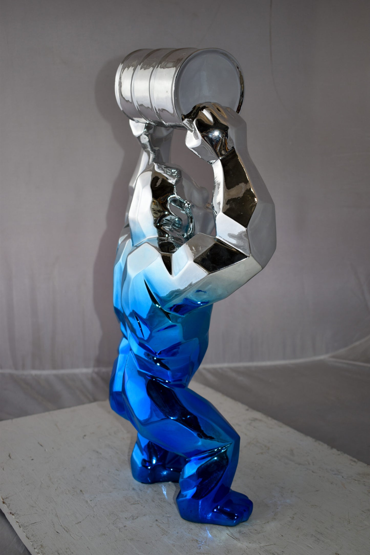 Textile Blue and Silver King Kong with A Barrell Statue  Size: 14" x 7" x 24"H