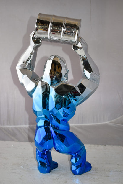 Textile Blue and Silver King Kong with A Barrell Statue  Size: 14" x 7" x 24"H