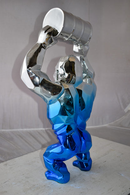 Textile Blue and Silver King Kong with A Barrell Statue  Size: 14" x 7" x 24"H