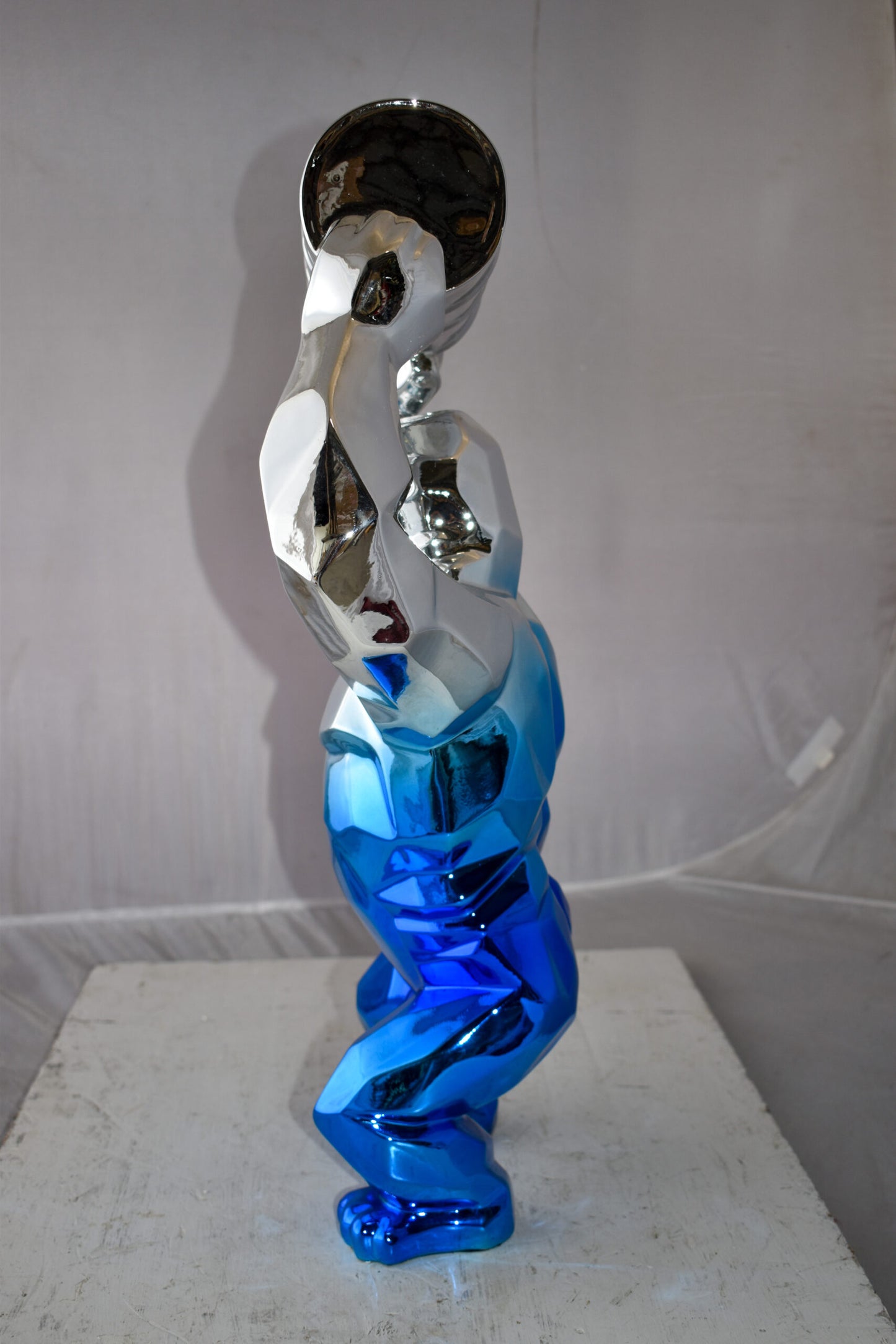Textile Blue and Silver King Kong with A Barrell Statue  Size: 14" x 7" x 24"H