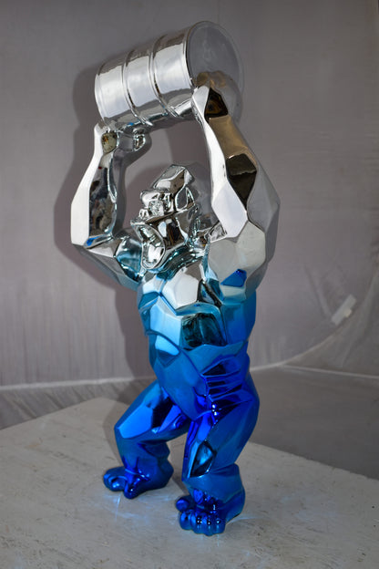 Textile Blue and Silver King Kong with A Barrell Statue  Size: 14" x 7" x 24"H
