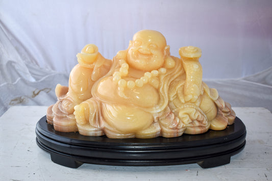Buddha Statue Large Made of Jade Mounted on Wood Base Size: 21" x 11" x 11"H