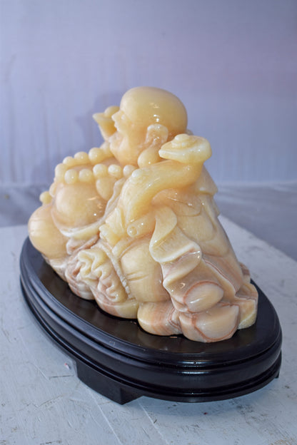 Buddha Statue Large Made of Jade Mounted on Wood Base Size: 21" x 11" x 11"H