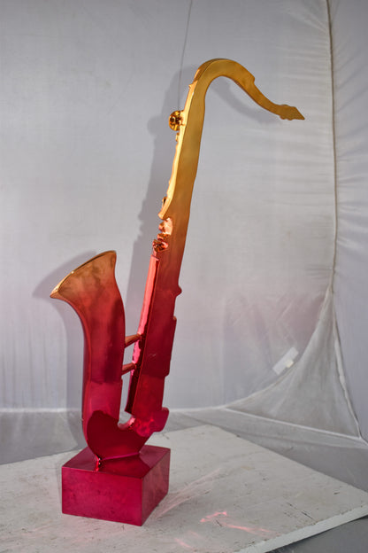 Modern Art Pink and Gold Saxophone Statue Made of Resin Size: 10" x 8" x 28"H