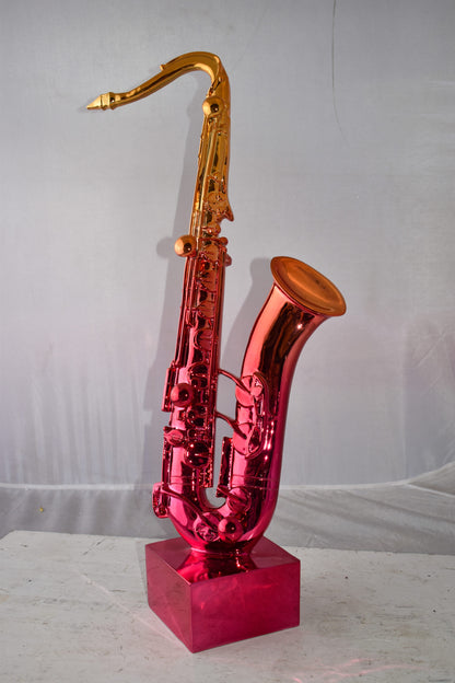 Modern Art Pink and Gold Saxophone Statue Made of Resin Size: 10" x 8" x 28"H