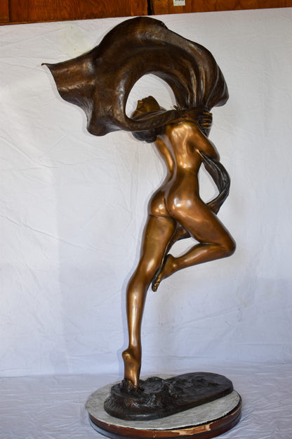 Beautifully Exotic Fabric Dancer Bronze Statue Art Nude Size: 33" x 14" x 58"H