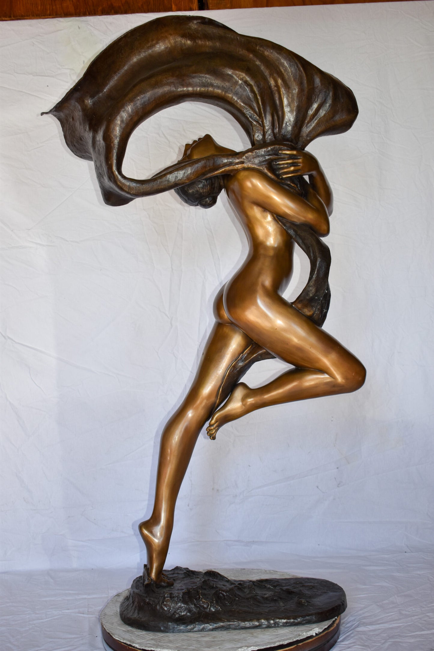 Beautifully Exotic Fabric Dancer Bronze Statue Art Nude Size: 33" x 14" x 58"H