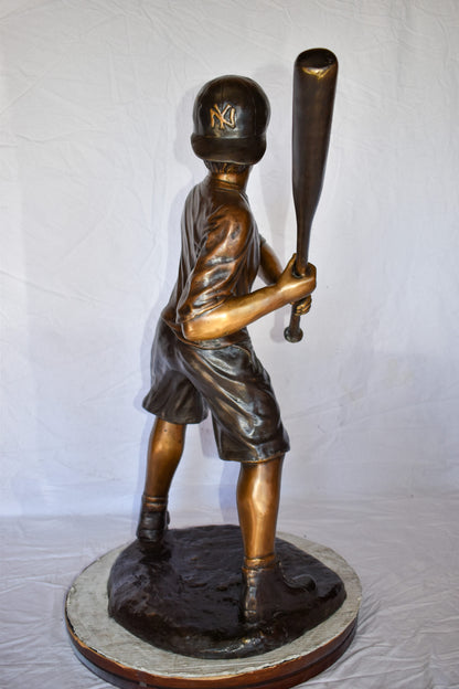 Young Boy in NY Yankees Cap Hitting Baseball Bronze Statue 40" x 22" x 40"H