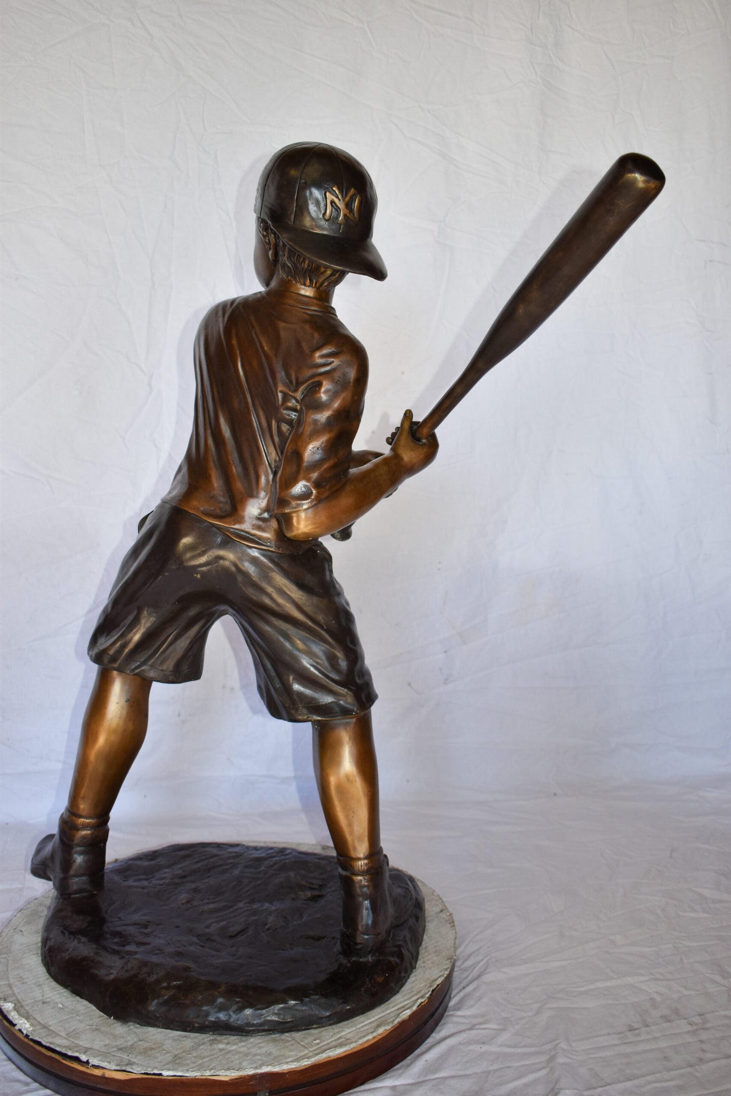 Young Boy in NY Yankees Cap Hitting Baseball Bronze Statue 40" x 22" x 40"H