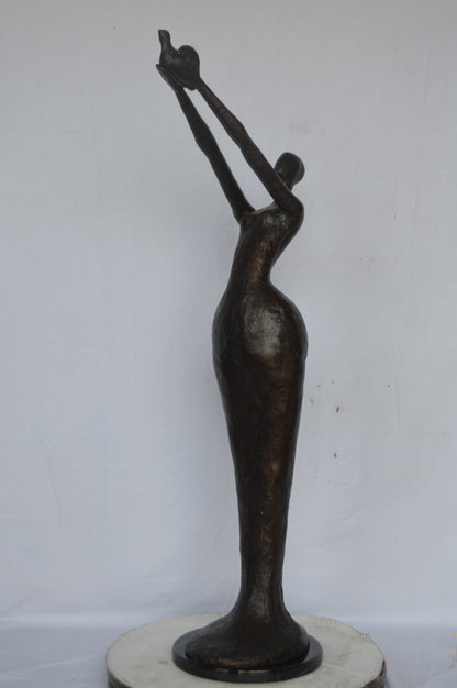 Woman Releasing Bird Modern Art Bronze Statue - Size: 13"L x 19"W x 52"H.