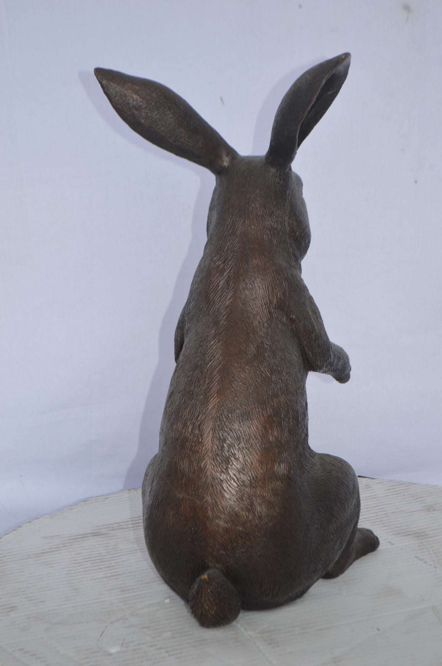Rabbit looking down bronze statue - Size: 10"L x 12"W x 20"H.