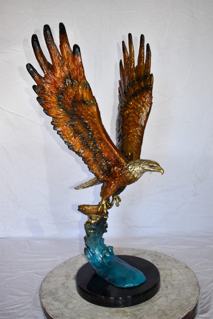 Eagle In Action Catching a Fish from Water Bronze Statue Size: 18" x 17" x 37"H