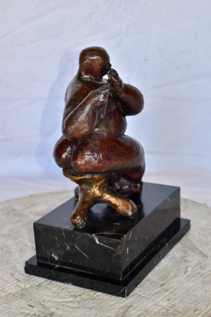 Botero Replica of Art Nude Man Playing the Flute Bronze Statue 10" x 7" x 11"H