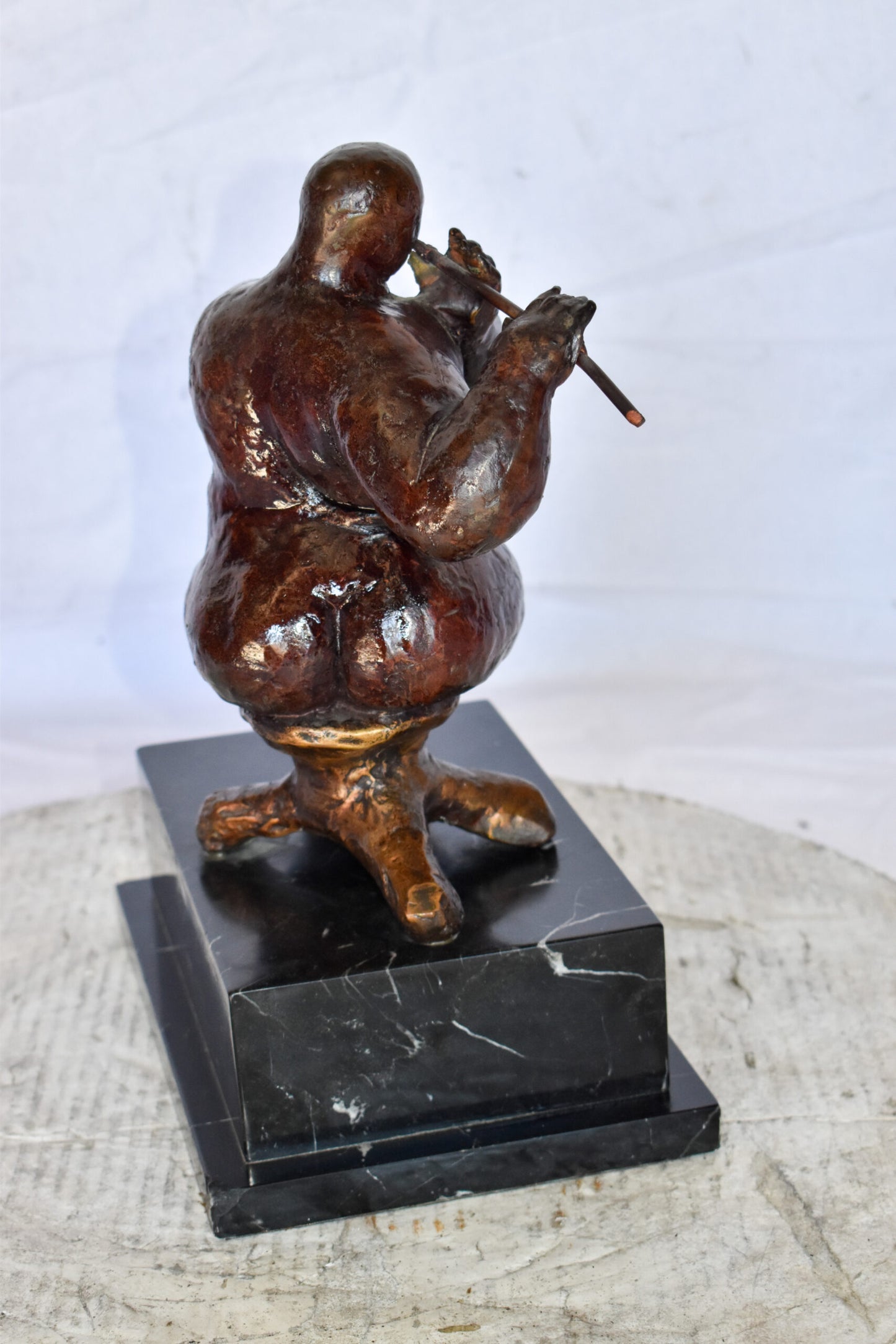Botero Replica of Art Nude Man Playing the Flute Bronze Statue 10" x 7" x 11"H