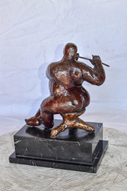 Botero Replica of Art Nude Man Playing the Flute Bronze Statue 10" x 7" x 11"H