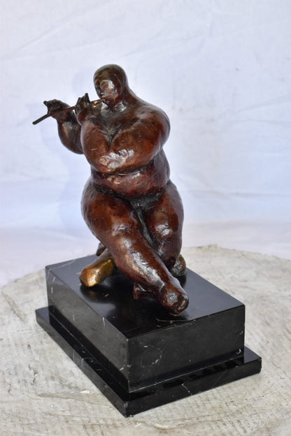 Botero Replica of Art Nude Man Playing the Flute Bronze Statue 10" x 7" x 11"H