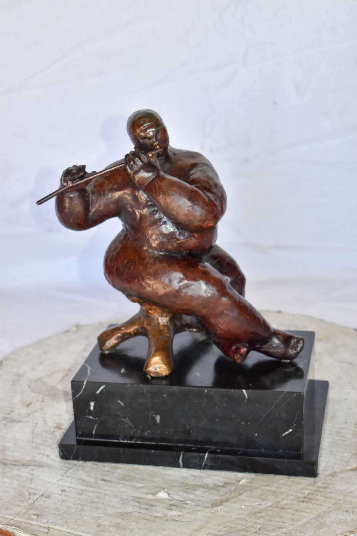 Botero Replica of Art Nude Man Playing the Flute Bronze Statue 10" x 7" x 11"H
