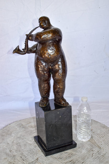 Botero Replica of Art Nude Man Playing Saxophone Bronze Statue 7" x 7" x 23"H