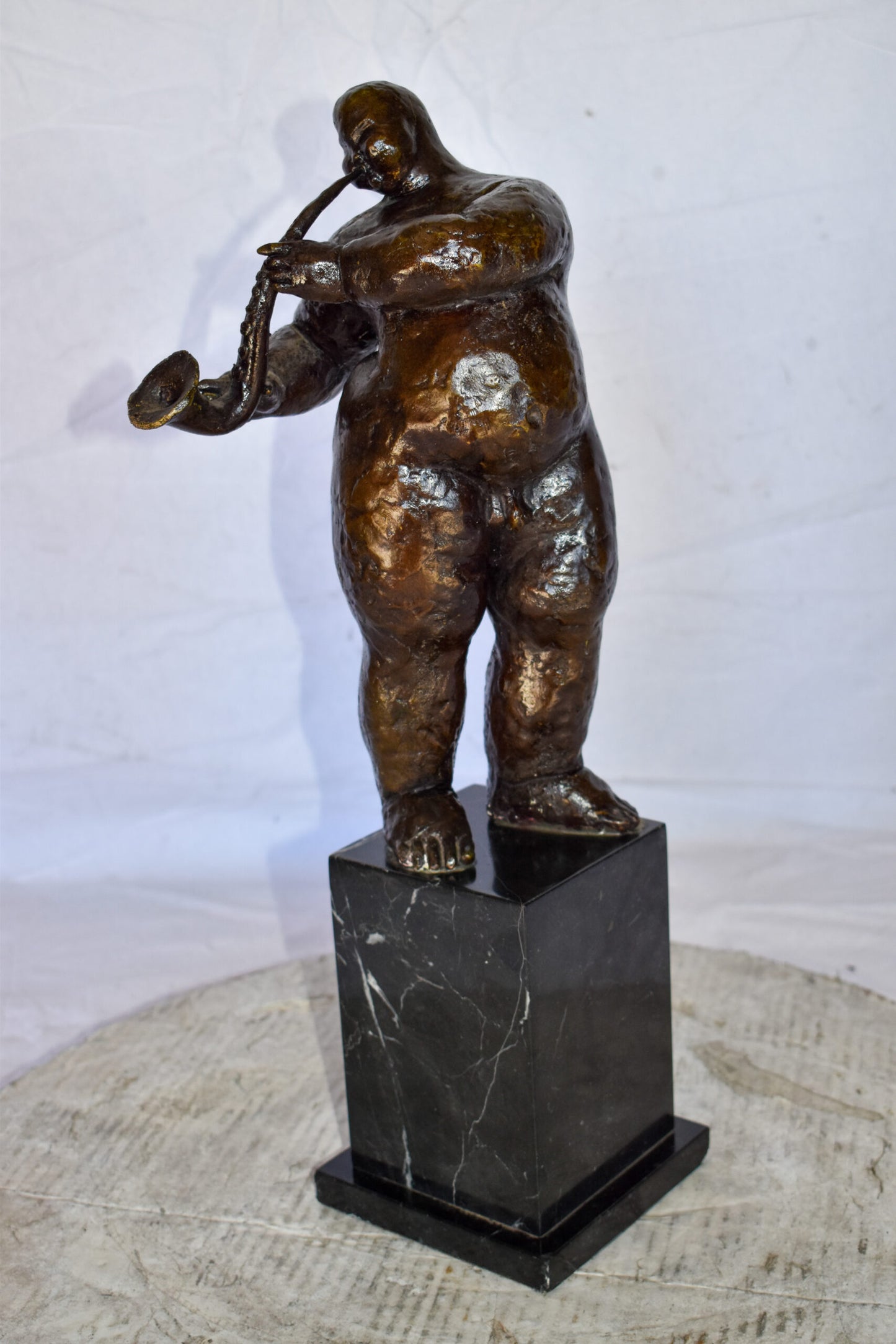 Botero Replica of Art Nude Man Playing Saxophone Bronze Statue 7" x 7" x 23"H