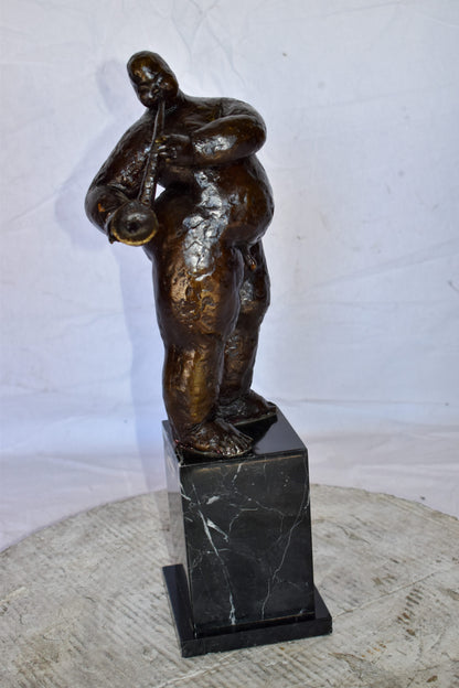 Botero Replica of Art Nude Man Playing Saxophone Bronze Statue 7" x 7" x 23"H