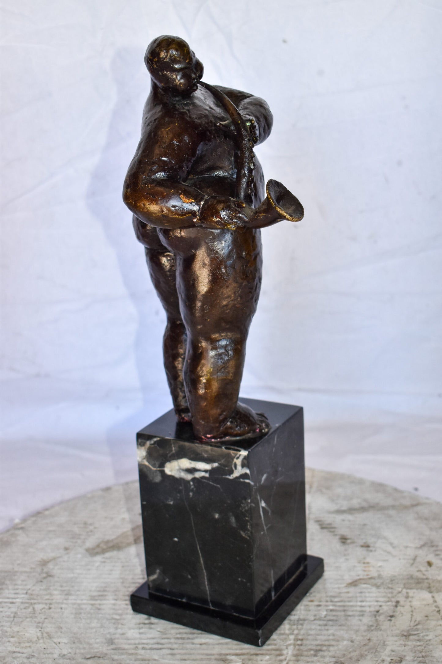 Botero Replica of Art Nude Man Playing Saxophone Bronze Statue 7" x 7" x 23"H