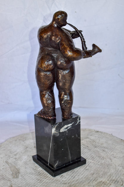 Botero Replica of Art Nude Man Playing Saxophone Bronze Statue 7" x 7" x 23"H