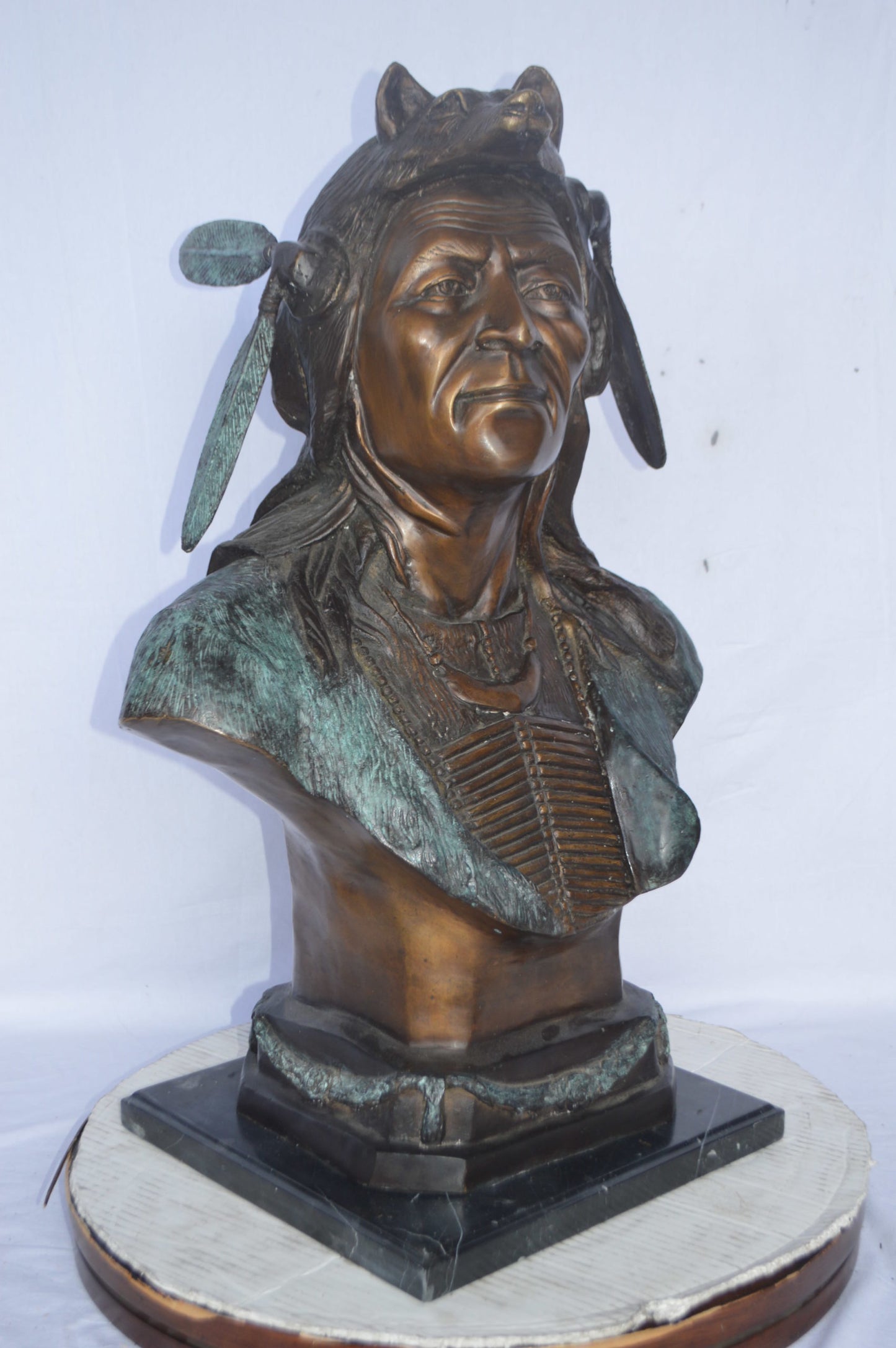 Indian Tribe Leader Bust bronze statue - Size: 22"L x 15"W x 32"H.