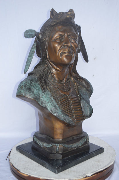 Indian Tribe Leader Bust bronze statue - Size: 22"L x 15"W x 32"H.