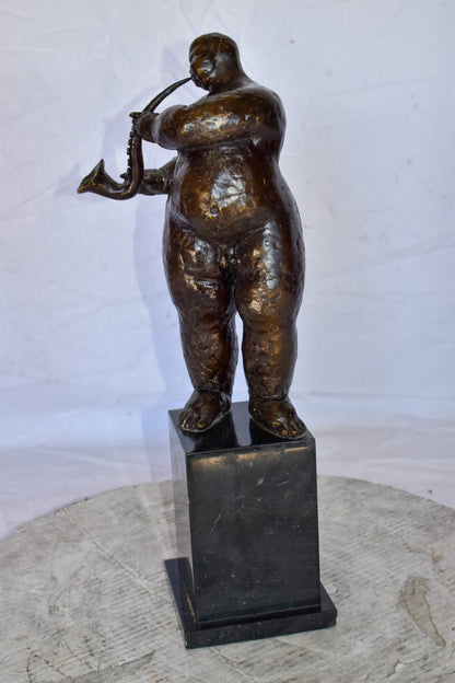 Botero Replica of Art Nude Man Playing Saxophone Bronze Statue 7" x 7" x 23"H