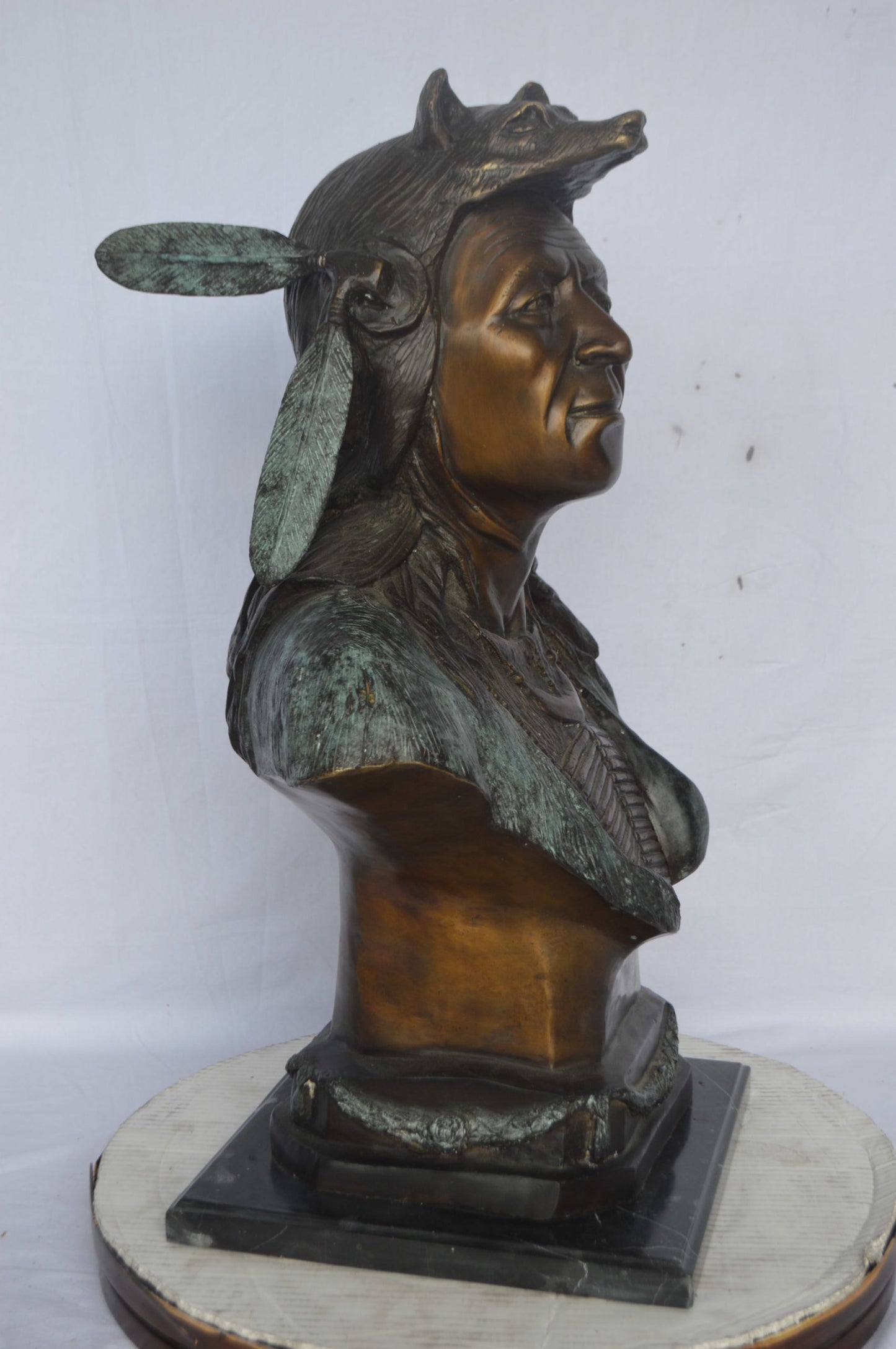 Indian Tribe Leader Bust bronze statue - Size: 22"L x 15"W x 32"H.